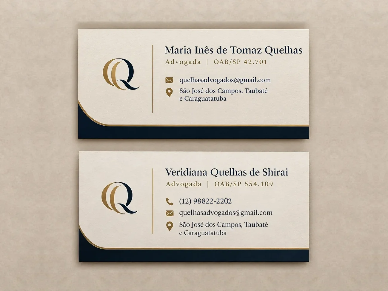 Cartões de visita de Maria Inês de Tomaz Quelhas e Veridiana Quelhas de Shirai, Quelhas Advogados
